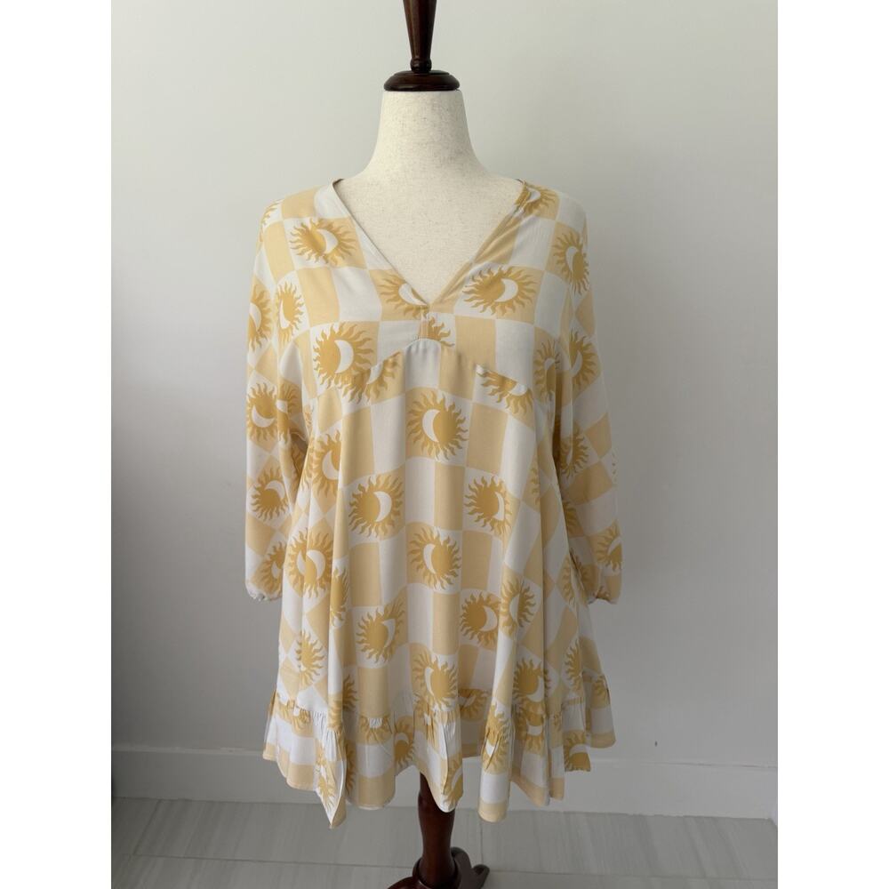 Label of Love Sun Moon Checker Tunic Dress L Yellow White Boho Celestial - Picture 2 of 11